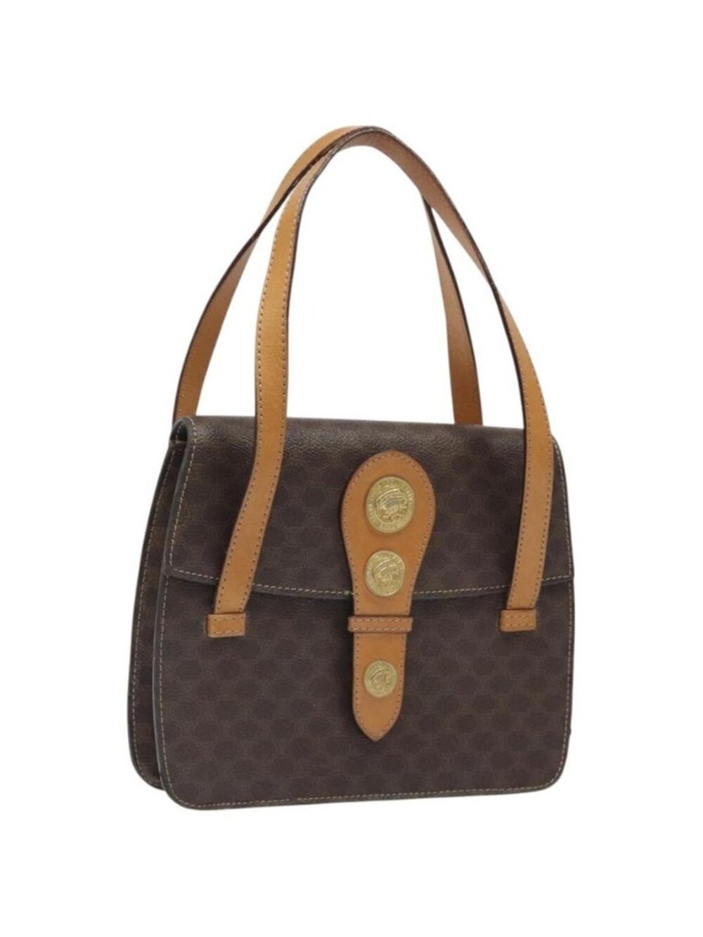 Authentic CELINE Macadam Canvas Shoulder Bag PVC Leather Brown Gold
